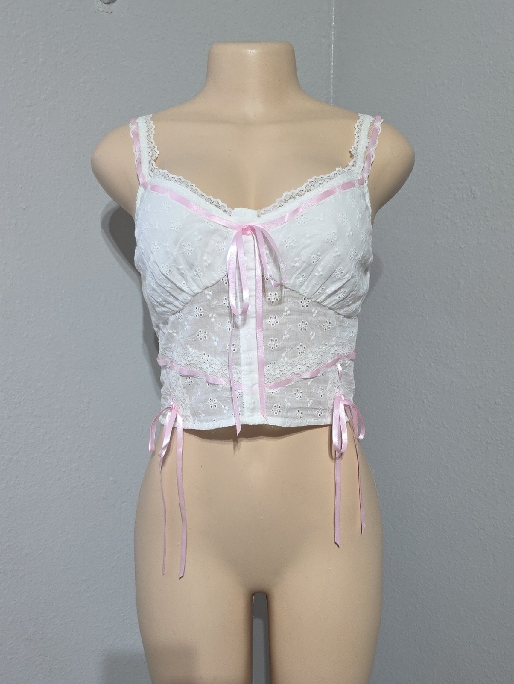 Paris Hilton White Eyelet Lace Bustier with Pink Ribbon Trim Size M